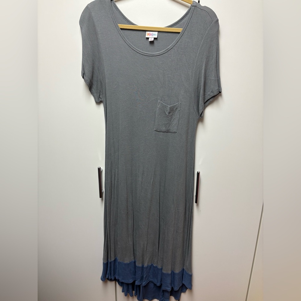 LuLaRoe Carly Gray and Blue Short Sleeve Dress, size M